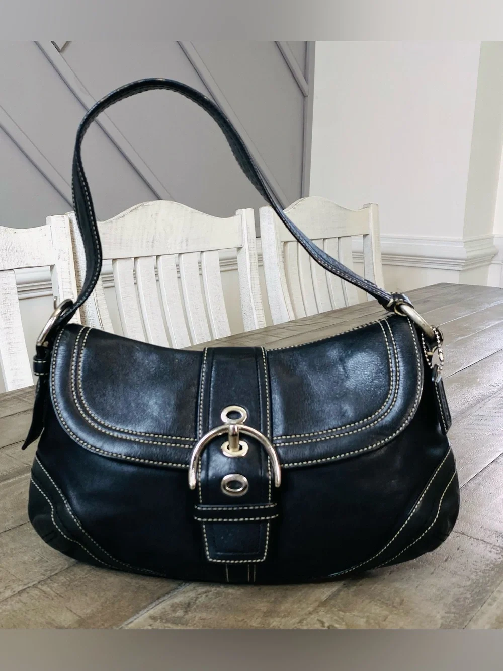 Vintage Coach Soho Y2K Leather Buckle Flap Shoulder Bag Black Hobo F10910